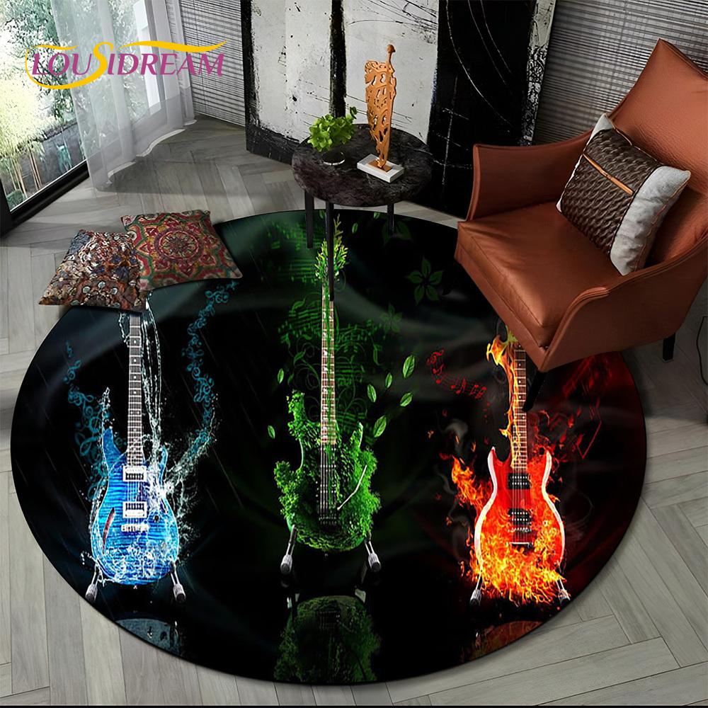 3D E-Gitarre Klassische Gitarre Musik Runder Teppich Teppich für Wohnzimmer Schlafzimmer Kinderzimmer Dekor, Haustierbereich Teppich Rutschfeste Bodenmatte