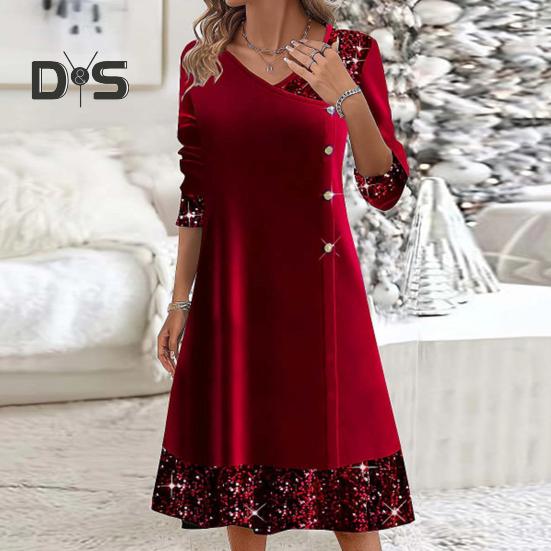 Fall Winter Women Dress Shiny Sequin Patchwork V Neck A Line Big Swing Long Sleeve Button Decor Solid Color Soft Warm Mid Calf Length Lady Midi Dress