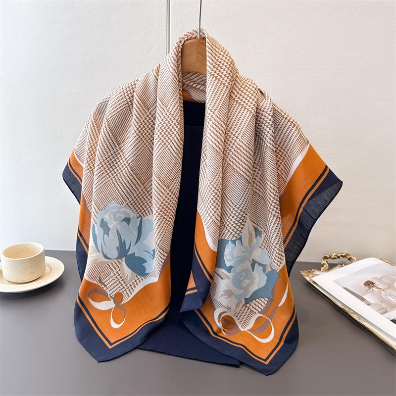 Small Fragrant Plaid Imitation Silk Large Square Scarf Retro Printing Shawl Neck Silk Scarf Herringbone Pattern Women'S Scarf Headscarf