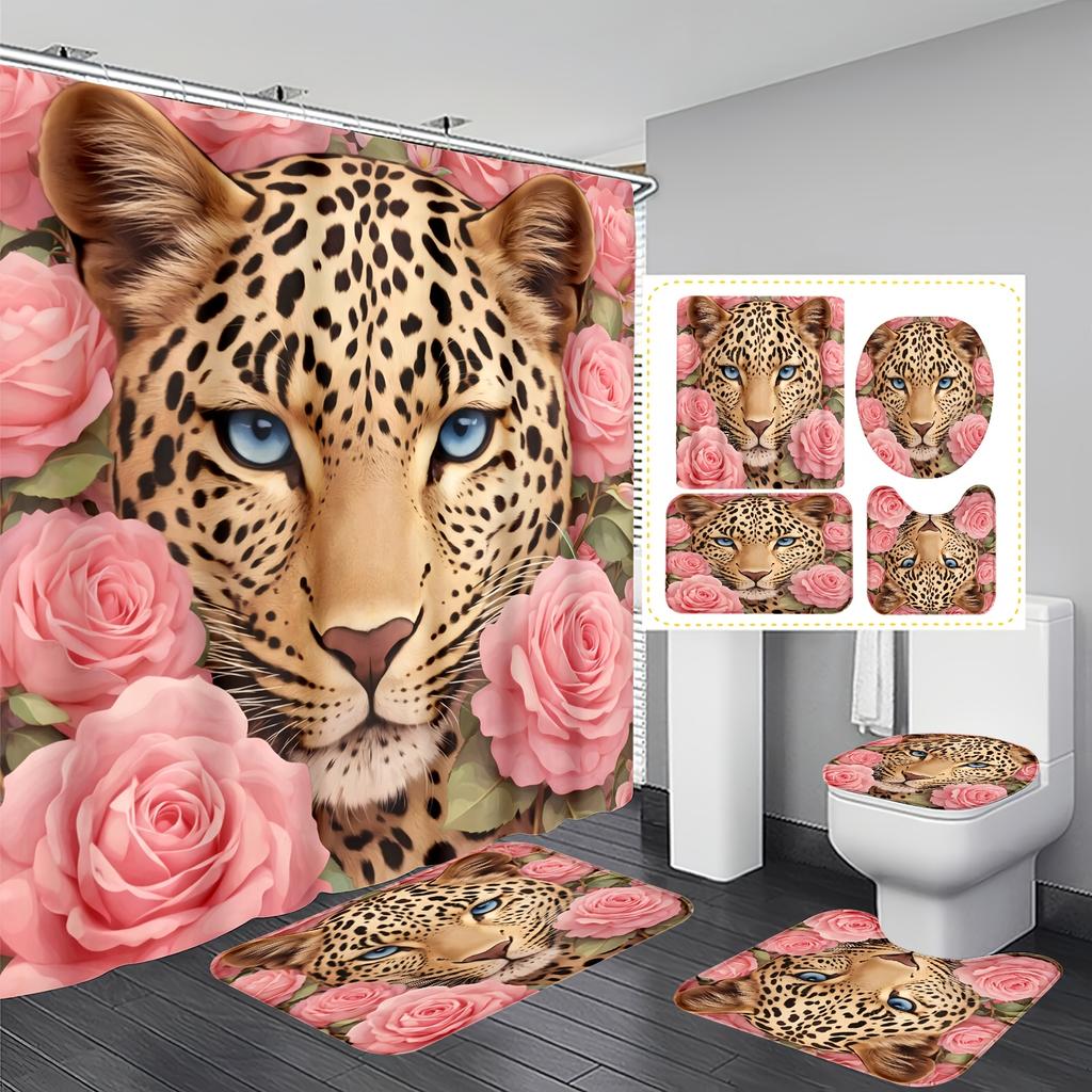 4-delige Moderne Kunst Douchegordijn Set met Antislip Badmat, Toiletdekselhoes, Contourkleed & 12 Haken, Badkamer Decoratie