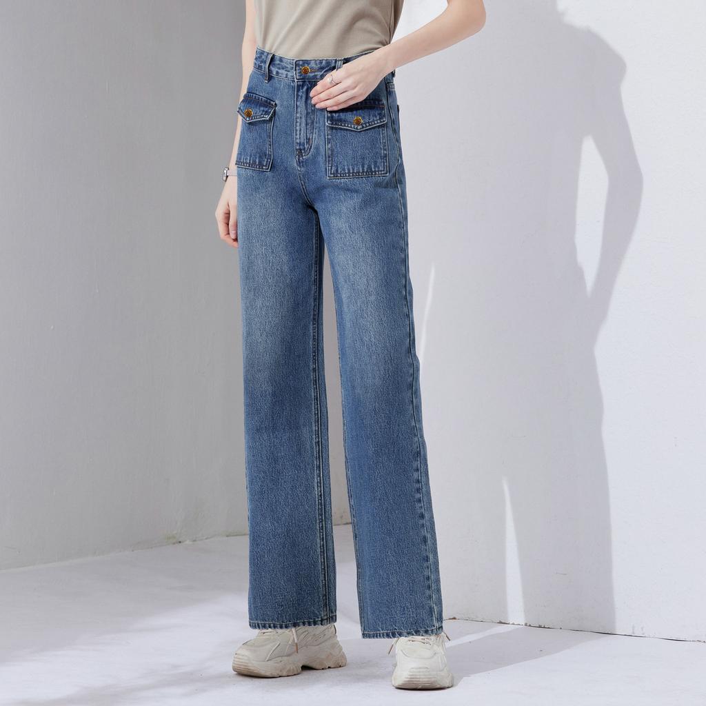 Retro and trendy bag covered pure cotton jeans for women in summer, simple and casual high waisted wide leg pants