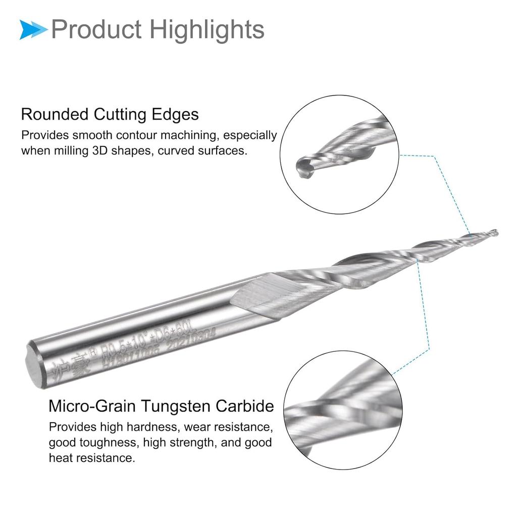 Tapered Ball Nose End Mill, 0.5mm Radius 6mm Shank 10 Degree Angle, Micro-Grain Carbide 2 Flutes Milling Cutter CNC Router Bit - (Applications: for
