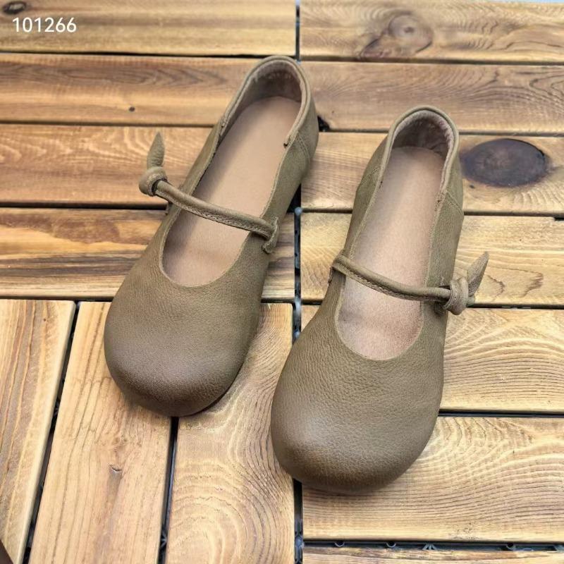 Genuine Leather Single Shoes All-season Shoes Round Toe Flat Bottom One-strap Soft Matte Cowhide Women's Shoes