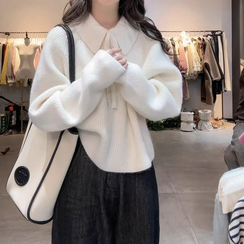 Polo Necklace Sweater Women Winter Loose Knitted Top