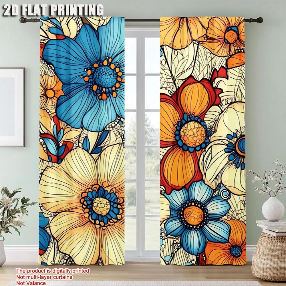 2Pcs Boho Chic Floral Curtains With Colorful Abstract Design Vintage Or Living Room Bedroom Decor Lightweight Polyester Sun