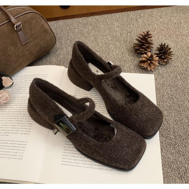 Fashion Spring Autumn Women's Luxury Party Shoes Medium Heel Retro Square Toe Velvet Mary Jane Shoes Flat Square Buckle Single Loafers