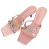 Fashion Luxury Rhinestone Open Toe Heeled Shoes Woman Satin Square Toe Designer Women Sandals Fashion Elegant Thin Heeled Slide Sandals