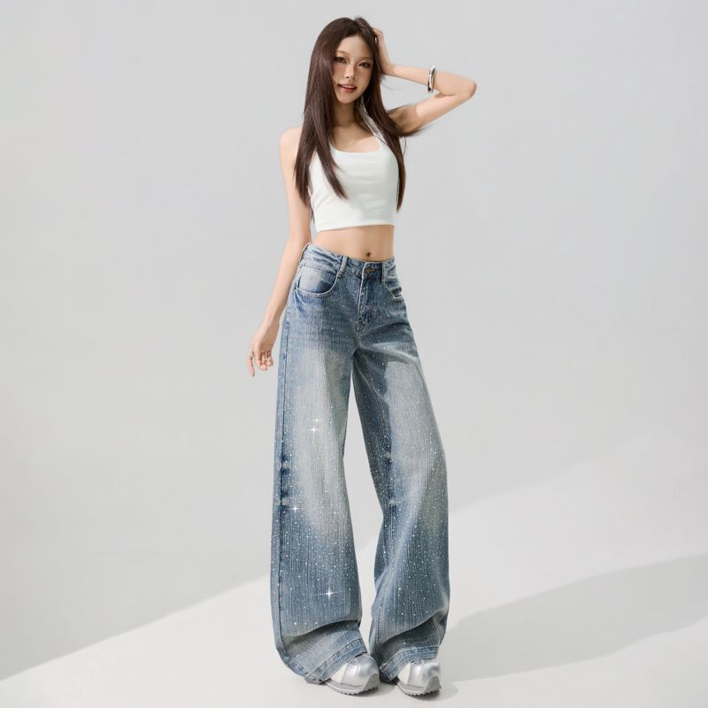Spring Summer Full Bling Rhinestone Lightning Cat Whisker Detail Wide Leg Comfy Casual Denim Pants Female Casual Pants Oversize Denim Trousers
