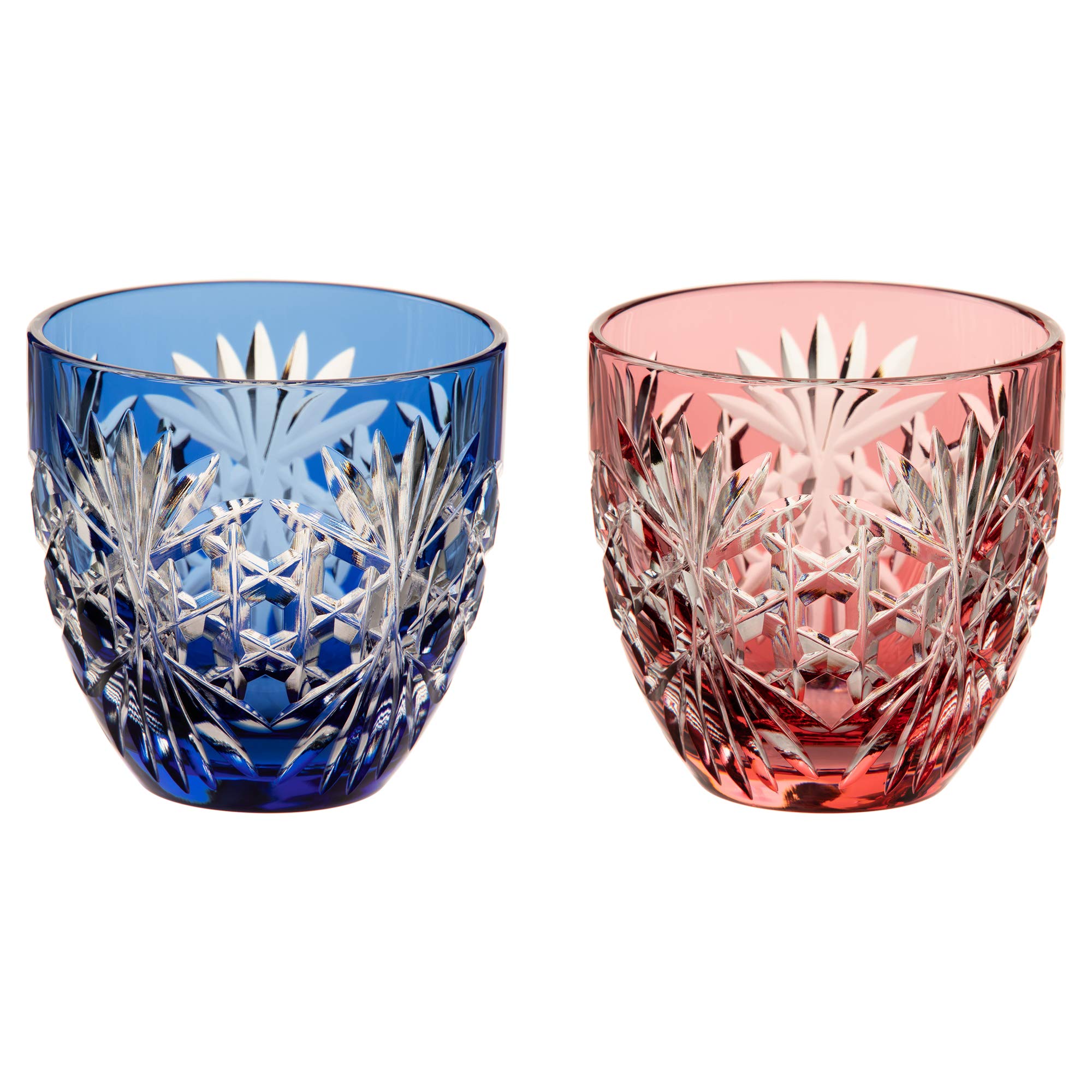 

Kagami Crystal (Kagami) Cold Sake Cup, Red and Blue, 140cc, Edo Kiriko with Hexagonal Basketweave Pattern, TPS735-2706AB