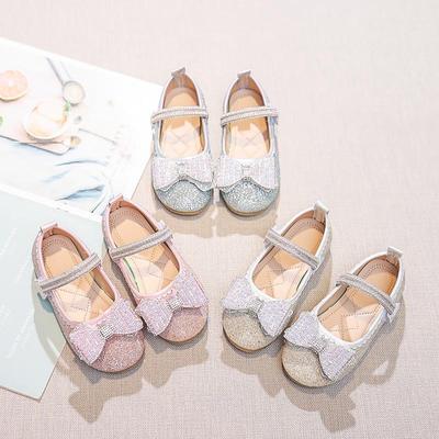 Girls' Shiny Bow Princess Shoes - Soft Sole Leather for Ages 3-12 (Spring/Autumn 2025)