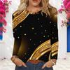 Plus Size Women Long Sleeve Shirt Abstract Glitter Gold Green Swirl Print Crew Neck Casual Loose Pullover Blouse