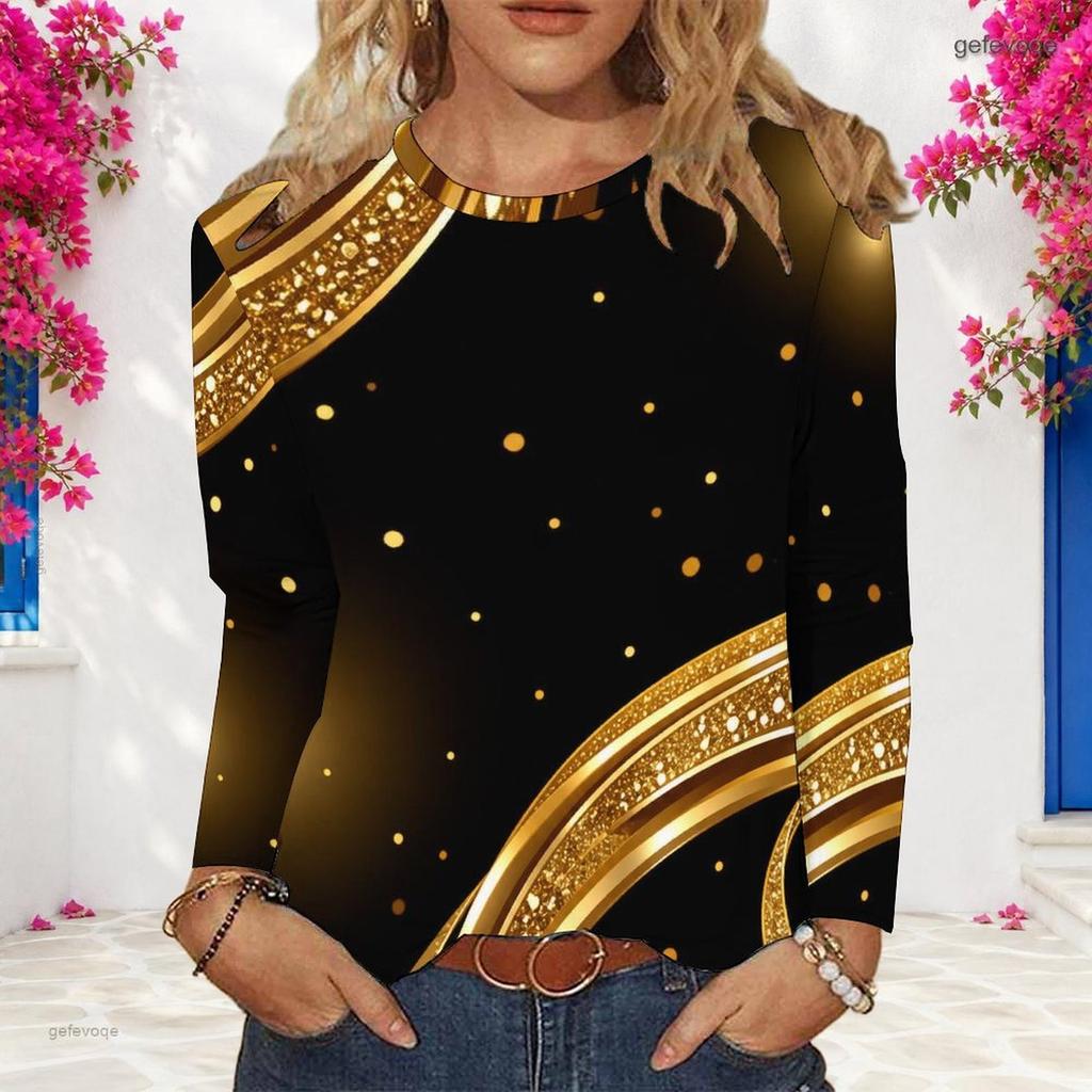 Plus Size Women Long Sleeve Shirt Abstract Glitter Gold Green Swirl Print Crew Neck Casual Loose Pullover Blouse