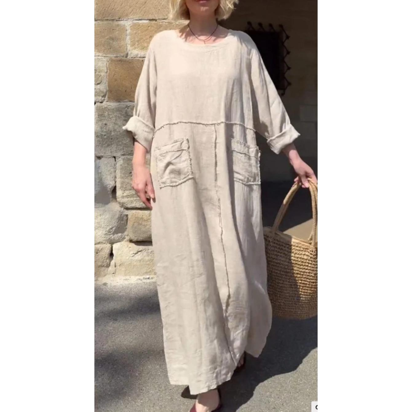 

women s Loose Crew Neck Pocket Linen Maxi Dress Casual Long Sleeve A Line Dress Summer Daily Outfit S грязно-белый