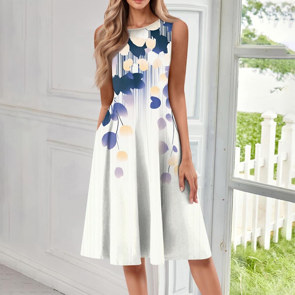 Women's Casual Fashion Floral Print Round Neck Sleeveless Color Midi Dress