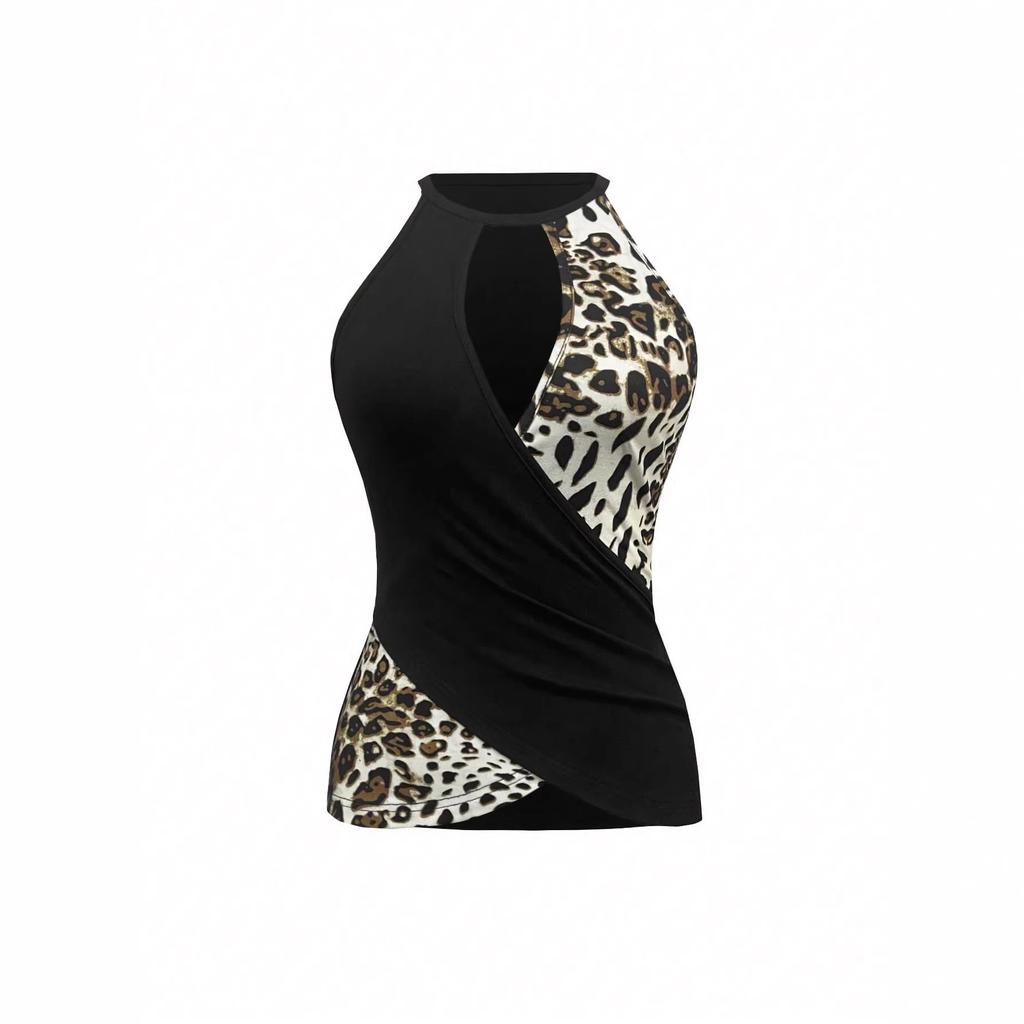 European and American style leopard print splicing neck vest for women, sexy hollow irregular hem slim top