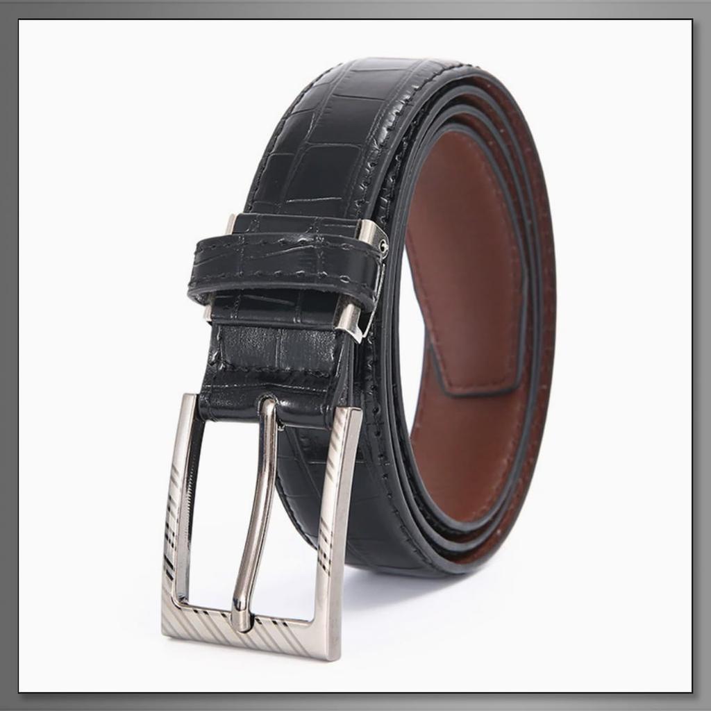 [Buzz Selection] Crocodile Pattern PU Leather Belt, Stylish Buckle Accessory, Business Wear for Men, LBT772 (Black Crocodile Pattern)
