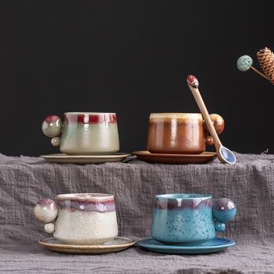 Creative Ceramic Coffee Cup And Saucer Set, Round Ball Retro Kiln Change Water Cup, Afternoon Tea Coarse Pottery Ceramic Cup