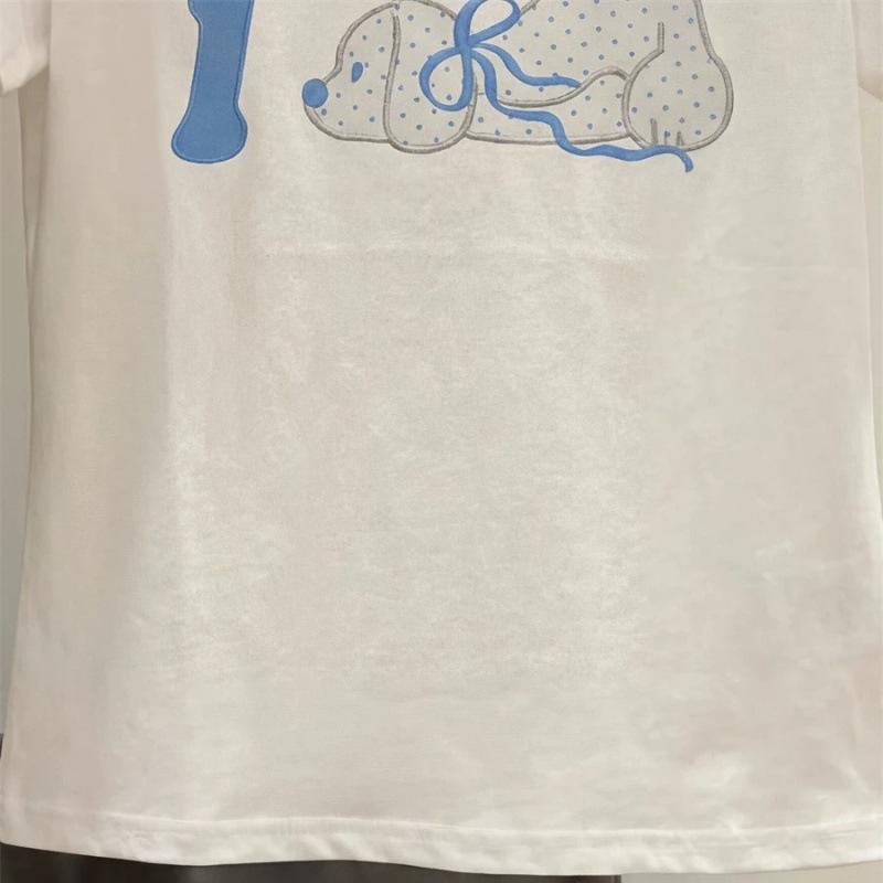 White Puppy Embroidered Short Sleeve T-Shirt Women's Summer Small Sweet Girl Loose Crew Neck Front Shoulder Cute Versatile Top