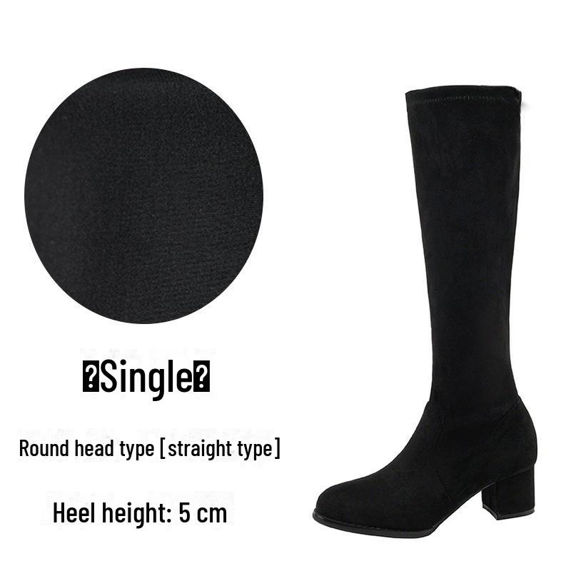 Knielange Stiefel aus elastischem Wildleder mit hohen Absätzen für Damen - Herbst/Winter 2024 Lange Stiefel mit runder Spitze