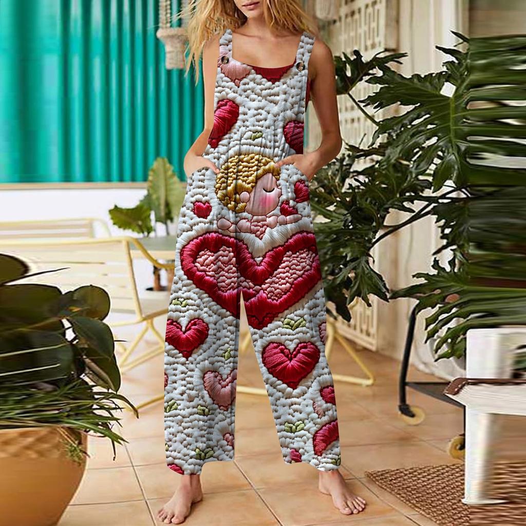 Women's Casual Jumpsuit Valentine's Day Heart Printed Cotton Jumpsuit