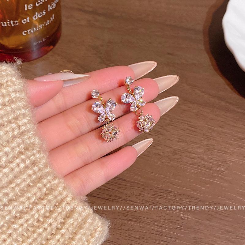Micro-inlaid zircon butterfly earrings women's fashion exquisite crystal hydrangea earrings light luxury high-end fringed explosive earrings