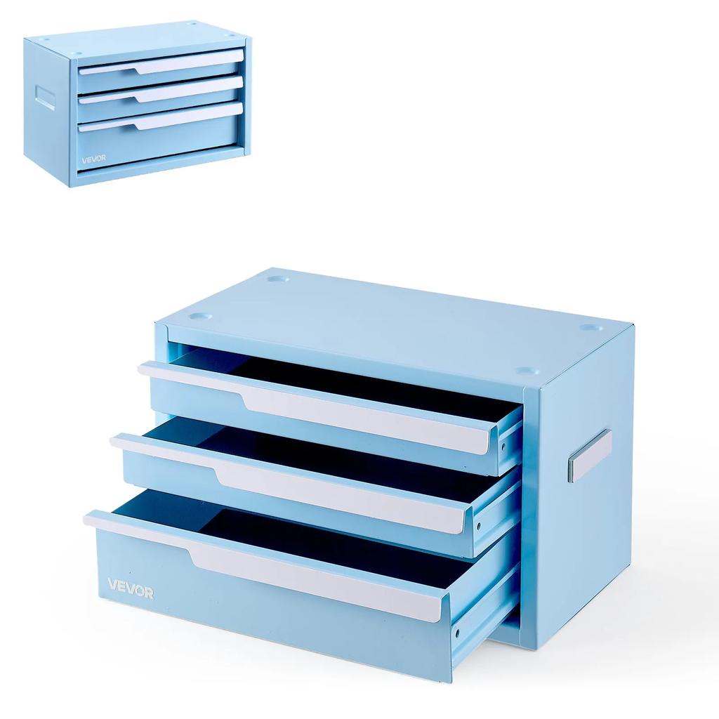 VEVOR Steel Tool Box with 3 Drawers Portable Metal Toolbox Heavy Duty Blue, for Garage Workshop Repair Shop Workbench, Magnetic Design