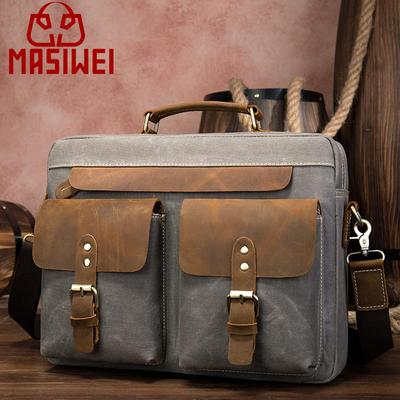 Men's Retro Crazy Horse Leather Cowhide Briefcase - 14 Inch Business Laptop Bag
