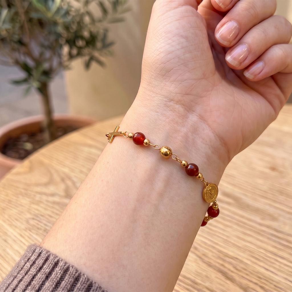 Stainless Steel Virgin Mary Cross Bracelet Natural Stone Beads Catholic Miraculous Medal Jewelry