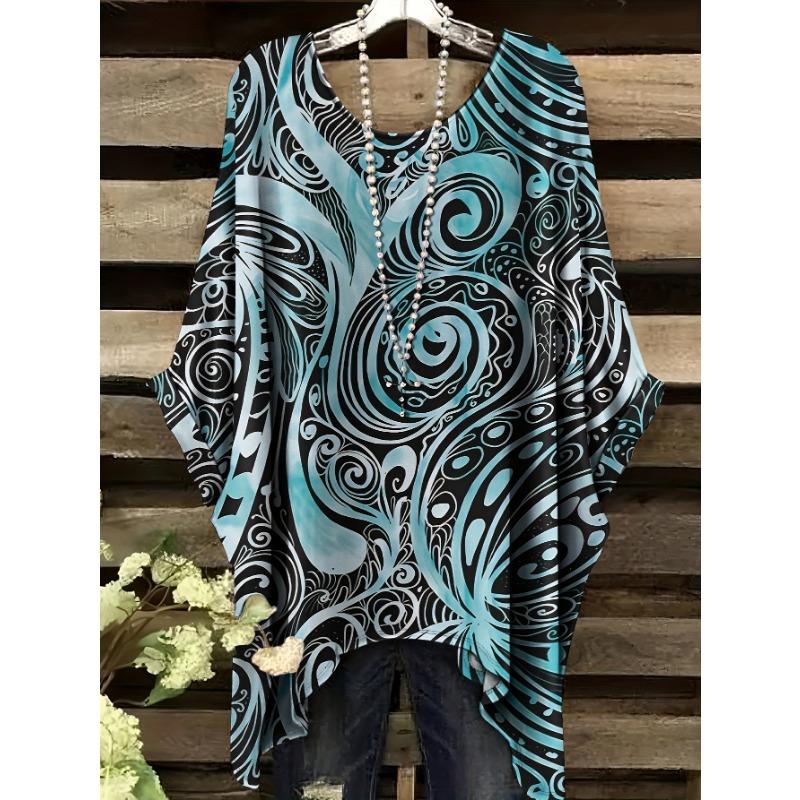 Summer Fashion Ink Blue Vortex Pattern Printed Casual Women s Round Neck Short Sleeved T-shirt 5XL