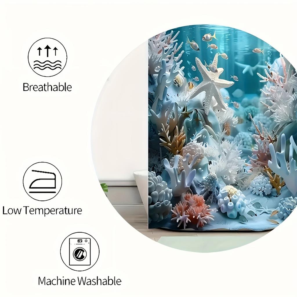 1/4pcs Bathroom Shower Curtain Set Ocean Wind Shell Starfish Bathroom Curtain With 12 Hooks Non Slip Rugs Toilet Cover Mat Bathroom Partition