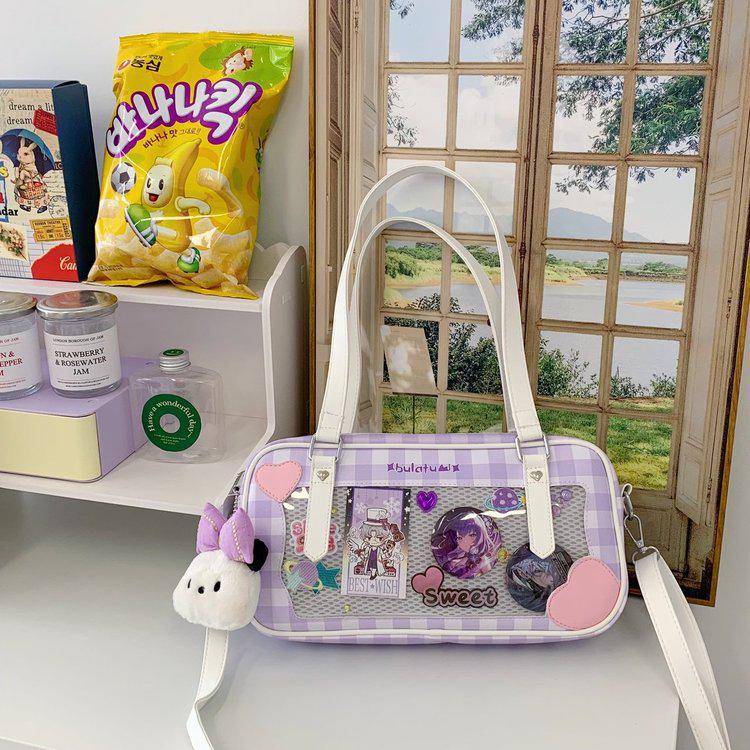 Japanese Kawaii Heart Plaid Ita Bag - Women's Transparent Crossbody with Pin Board