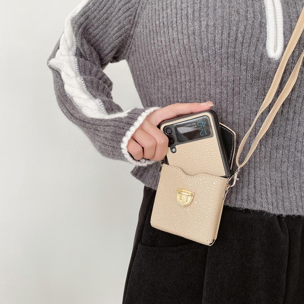2 In 1 Crossbody Bag Phone Case for Samsung Galaxy Z Flip 5 3 4 Flip3 Flip4 Flip5 5G Case Shoulder Pouch Strap Leather Cover