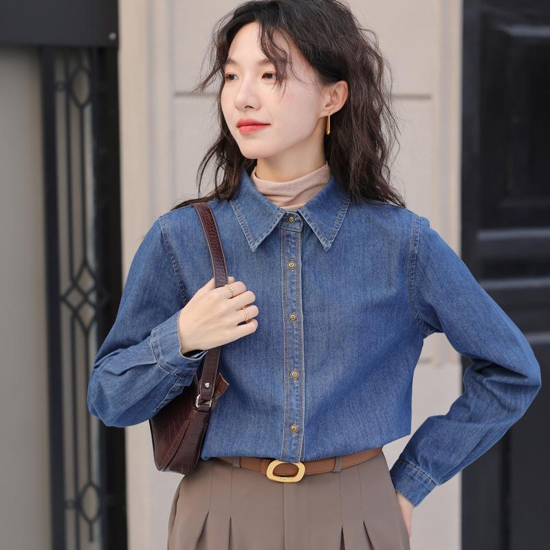 Dark blue soft denim shirt without curling edges, women's autumn and winter insides, stacked long-sleeved shirt, small front shoulder top