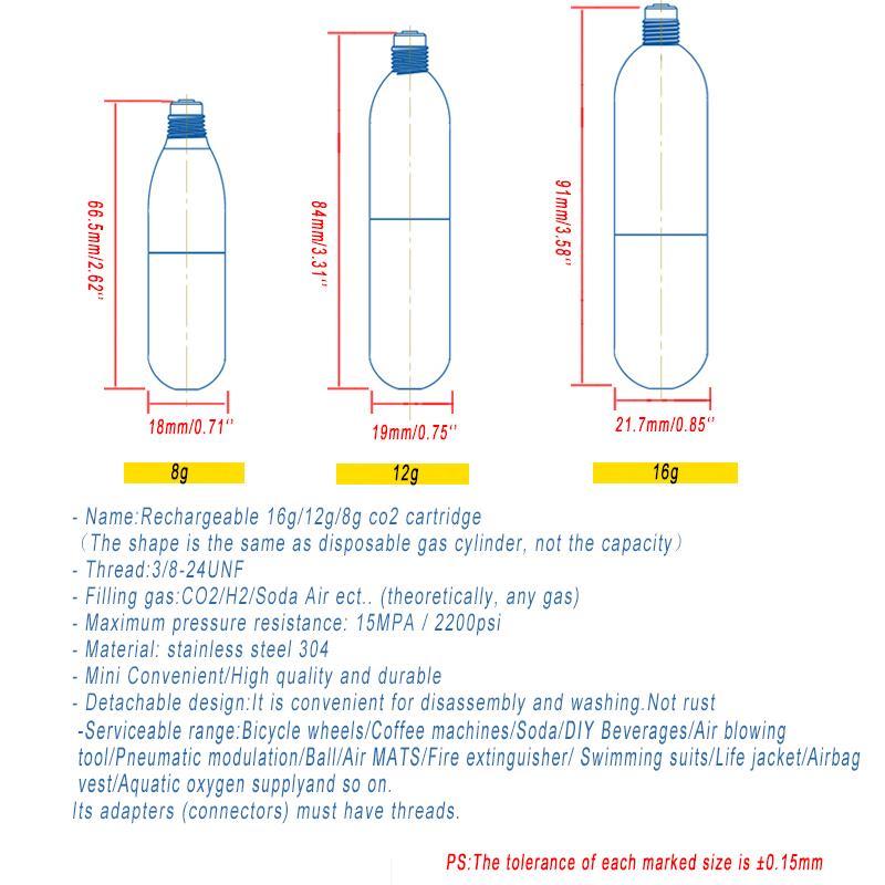 Optimized Valve Dual Seal Air Canister 8g/12g/16g Reusable Stainless Steel Gas Cartridge for Cycling Tire Repair Aquarium Oxygen
