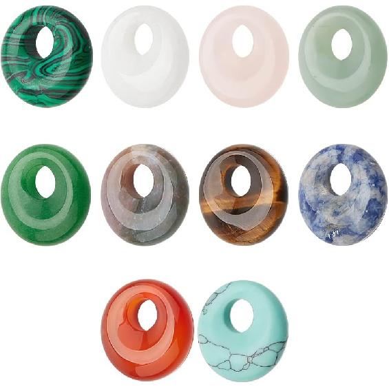 NBEADS 10 Pcs 10 Styles Natural Donut Gemstone Charms, 17.5mm Flat Round Mixed Natural and Synthetic Donut Stone Beads Pendants Natural Stone Pendant