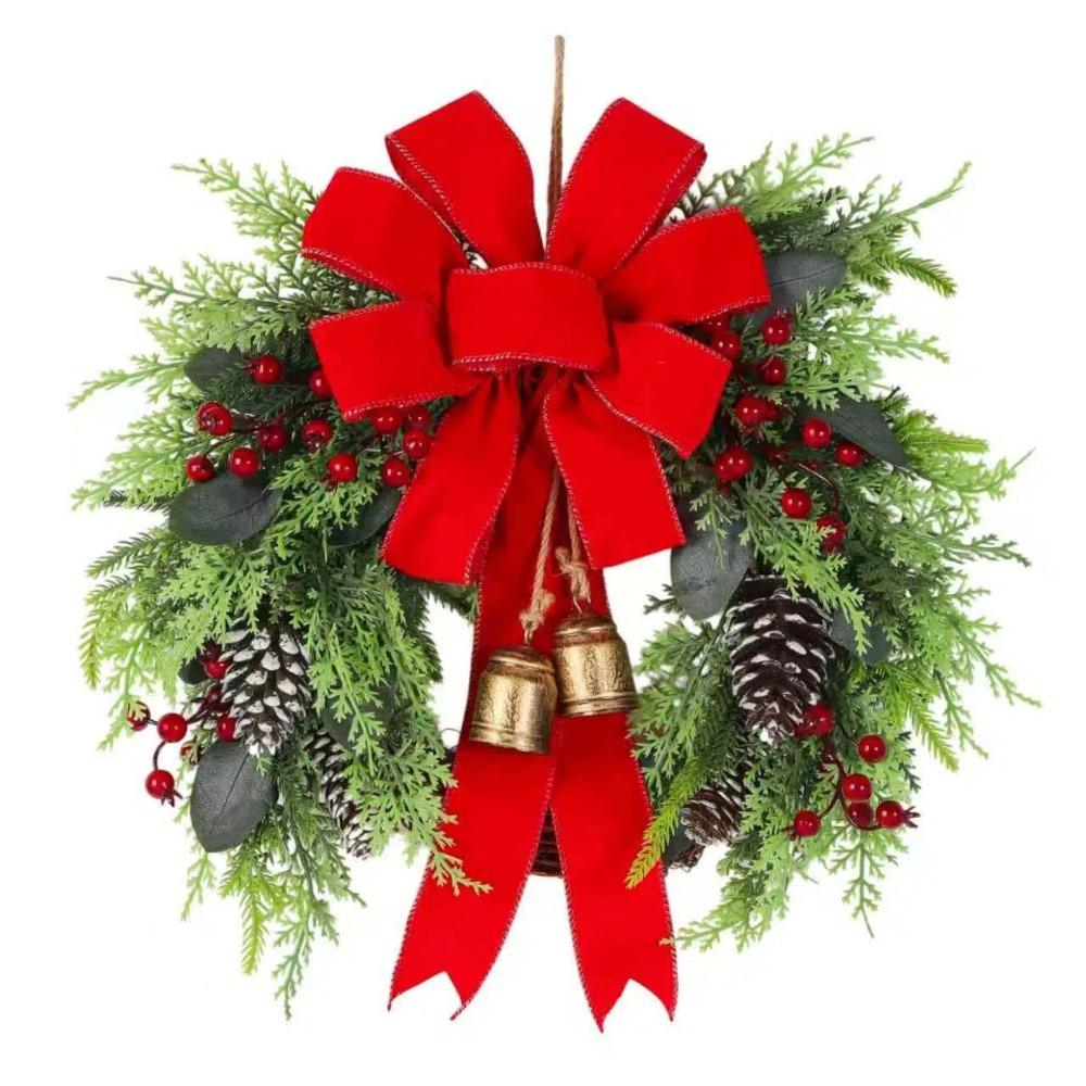 Bowknot Christmas Wreath Bell Hanging Wreath Decoration Artificial Berry Wreath Mantelpiece Decor