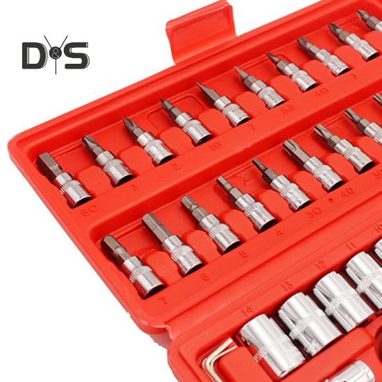 46Pcs Car Wrench Kit Strong Torque Wrenches Auto Repair Tools for Cars Bicycles Motorcycles Drive Sockets Hexagonal Kits for PH SL PZ HEX T-Drill
