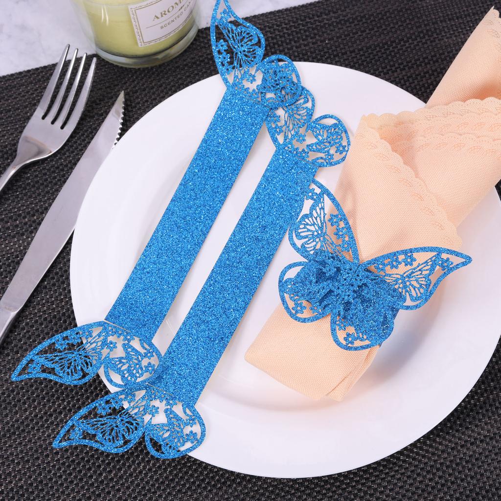 50pcs 3D Butterfly Napkin Ring Premium Frosted Paper Exquisite Hollow Texture Gold Silver Blue Pink Glitter Sprinkled Decor Home