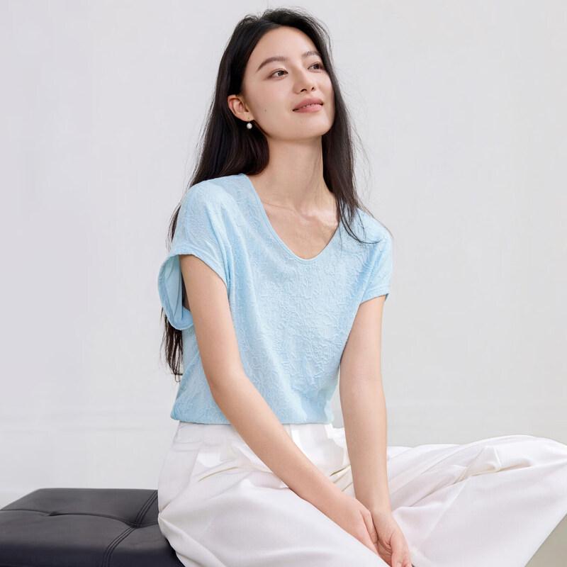 IHIMI Women s Textured Jacquard U-Neck T-Shirt M