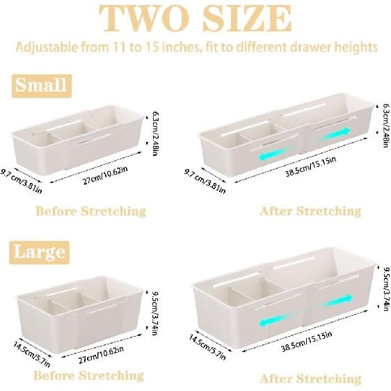 2PCS Expandable Storage Drawer Organizers Sliding Bin Plastic Desk Drawer Trays with Removable Dividers Adjustable Makeup Storage Bins for Bedroom,