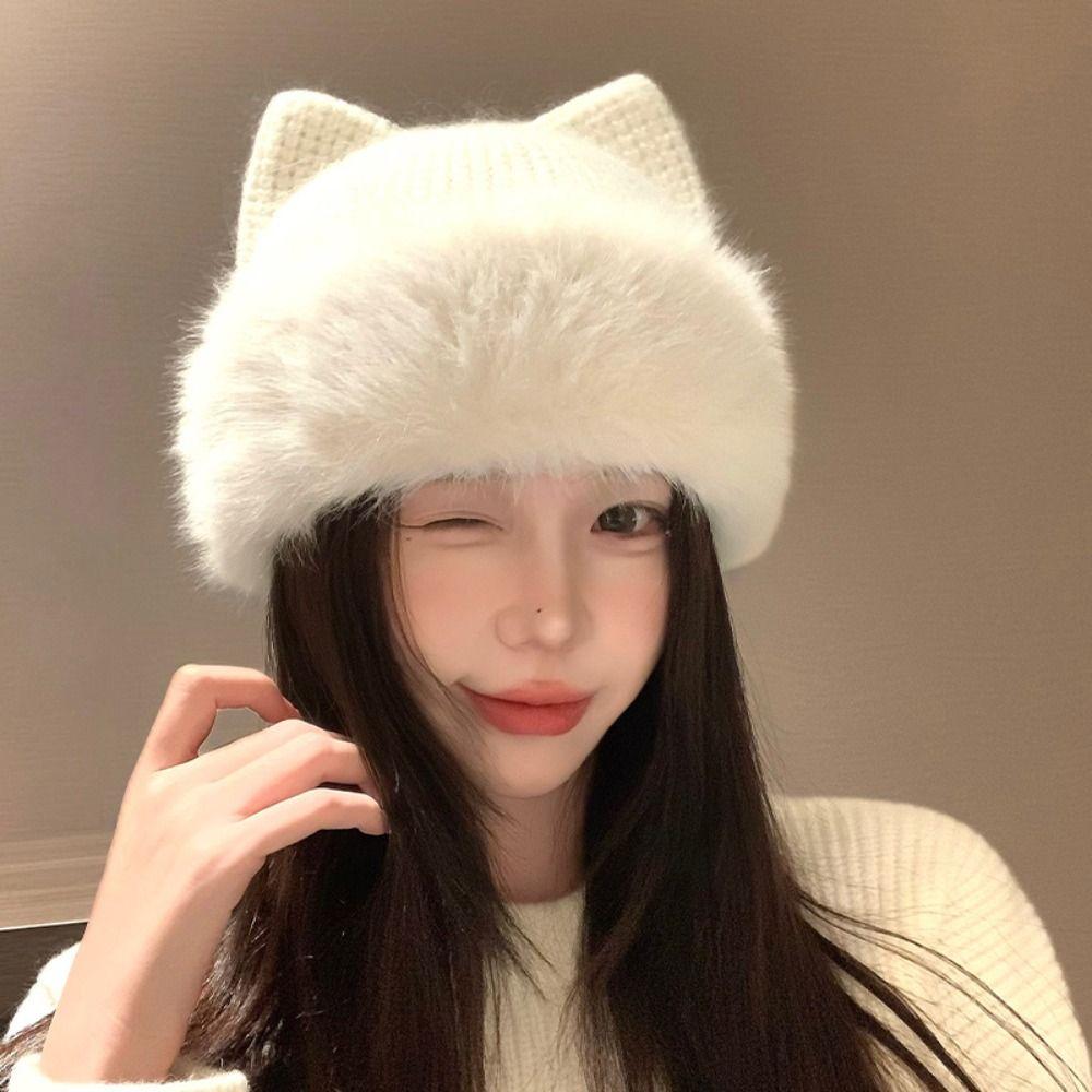 Plush Cat Ear Beanie Warm Pullover Hat Casual Knitted Winter Cap Winter Wear