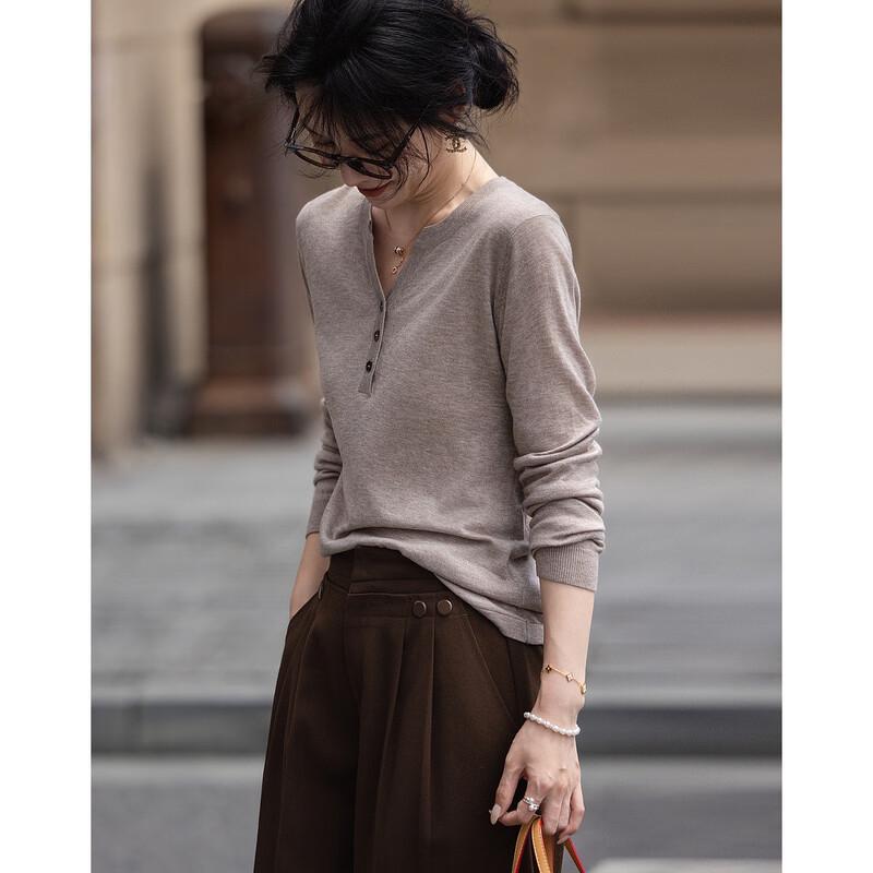 Demana Effortless Comfort V-Neck 3-Button Long-Sleeve Knit Top