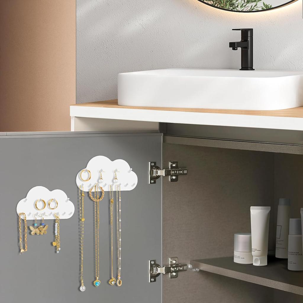 NiHome 2-Pack Cloud Shape Wall-Mounted Hanging Jewelry Organizers for Necklaces, Bracelets, Earrings, Hair Ties, No-Drill Space-Saving Racks for