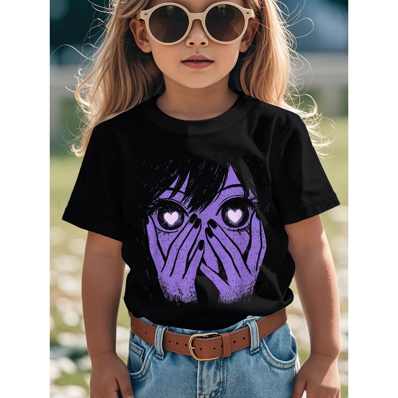 European sizes Soft Breathable Anime Eyes Girl Hearts Manga Otaku Grunge Alt Goth Aesthetic T-Shirt for Kids | Boys & Girls Graphic Tee
