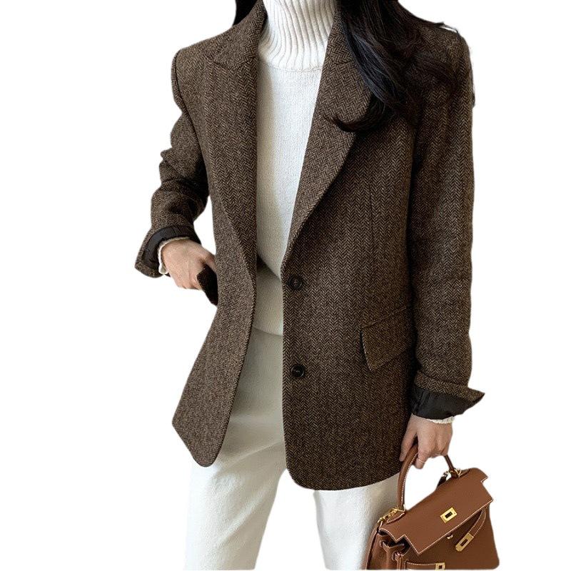 2025 Autumn Women's Versatile Wool Blend Jacket - Solid Color, Dongdaemun Korea