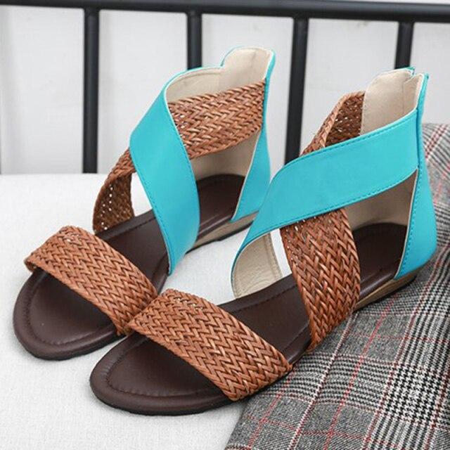 Rimocy Brown Leather Weave Gladiator Sandals Women Vintage Cross Strap Flat Sandalias Woman 35 -42 Casual Beach Summer Shoes