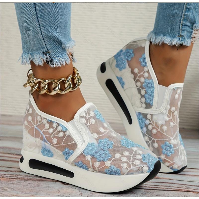 Women's fashion flat bottom inner height increase mesh yarn breathable casual single shoes support platform