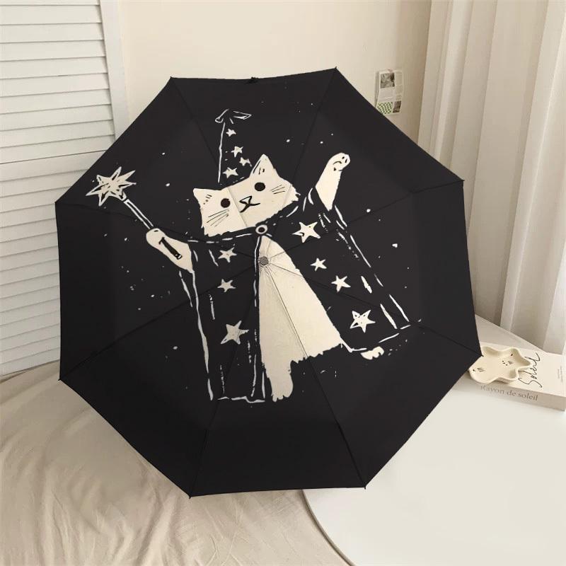Magic Cat Wizard Umbrella, holding a magic wand. Perfect for outdoor adventures, this automatic opening/closing umbrella