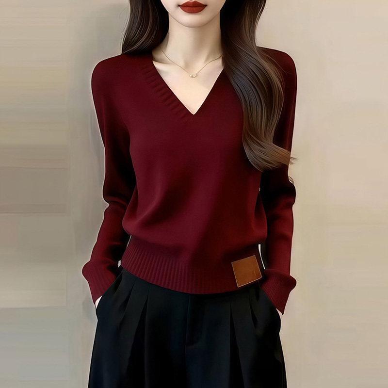Autumn 2026 Red Women's V-neck Knit Sweater – French Retro Style