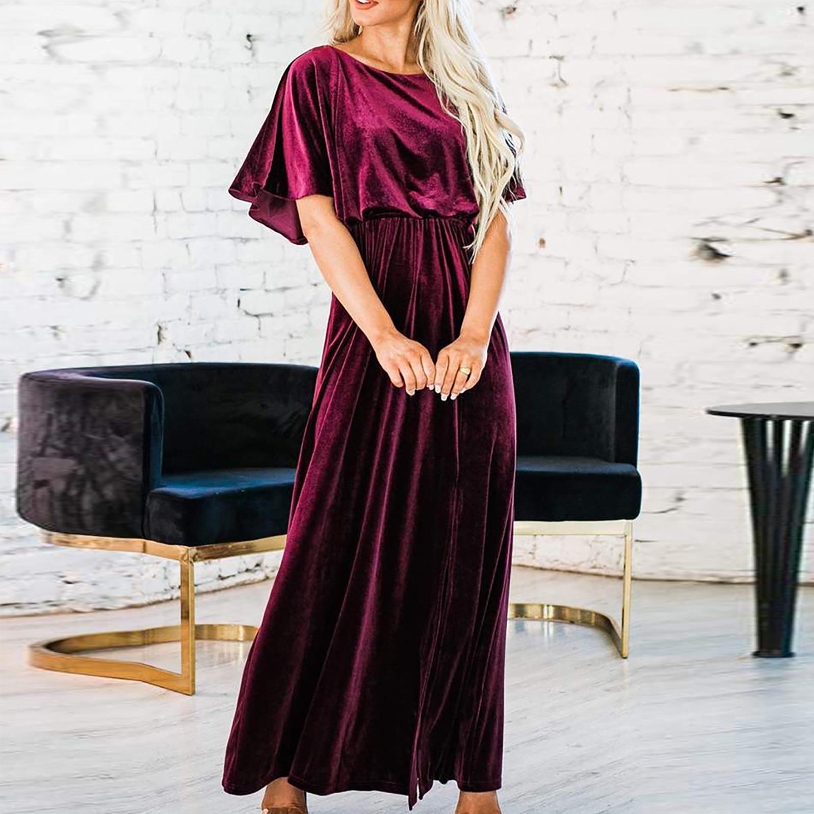 Женское модное сексуальное золотое бархатное вечернее платье с круглым вырезом и высоким разрезом S винный